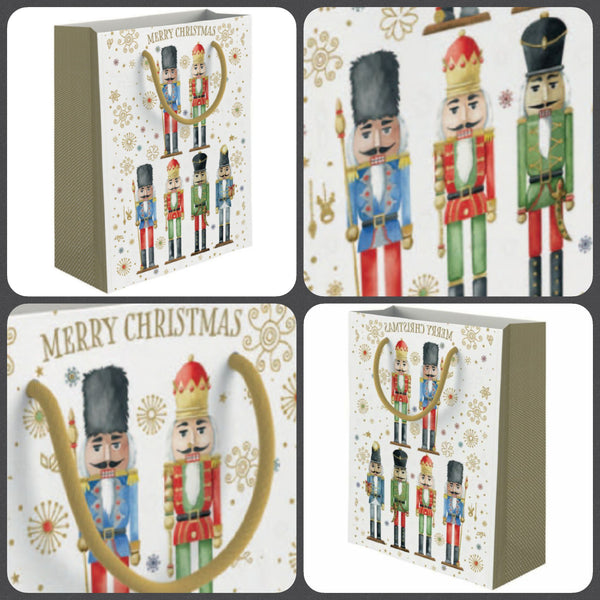borsa di carta oro bianca addobbi natalizi manici corda shopper packaging confezione regalo merry Christmas con soldatino schiaccianoci