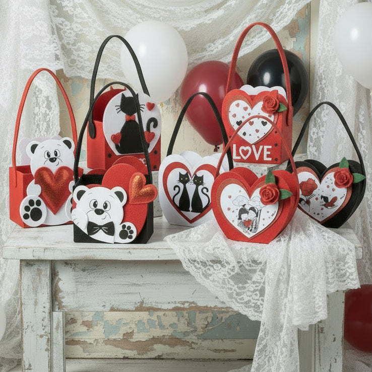gatti orsetti innamorati cuori e rosa scatole aperte con manico borse di panno feltro per idee regalo san valentino portadolci confezionare originali packaging di dolciumi caramelle cioccolatini
