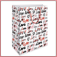 fondo bianco stampa nero rosso sportina shopper borsa regalo love cuori scritta per San Valentino confezionamento packaging borsina manici corda rossa