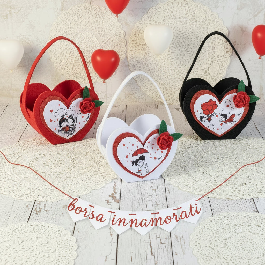 contenitore borsetta cestino scatola di feltro a borsa con manico tracolla innamorati e rosa san valentino cuori packaging enogastronomia pasticceria vetrinistica confezioni regalo bianco rosso nero di dolciumi caramelle cioccolatini  portadolci