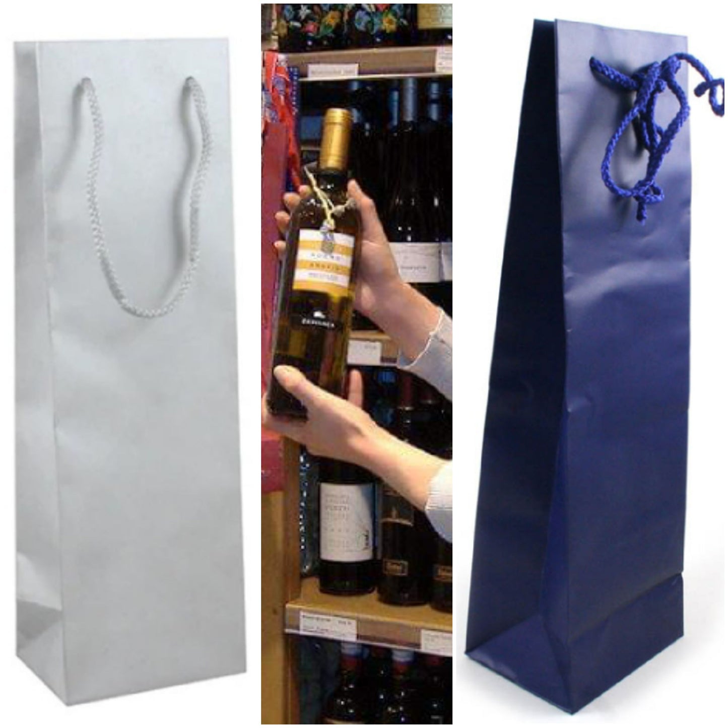 argento blu carta borse con manici corda per confezione regalo vino Natale shopper bag portabottiglie confezionamento verticale bordolese borgognotta