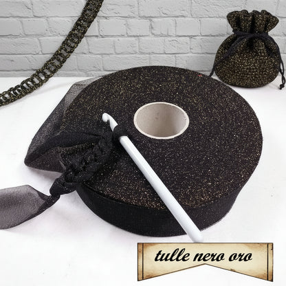 lustrini tulle nero oro vetrina feste matrimonio lurex lamè fettuccia lycra elasticizzata glitterata brillantinata per uncinetto borse cestini packaging regalo eleganti borsette clutch bags