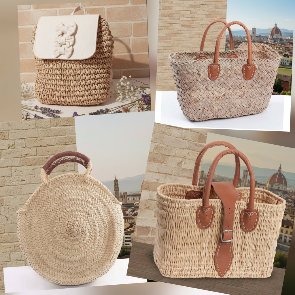 grandi piccole rotonde rettangolari mare spiaggia piscina zainetto sacca borsa paglia estiva palma giunco fai da te decorazioni personalizzare decorare applicazioni uncinetto macramè passamaneria