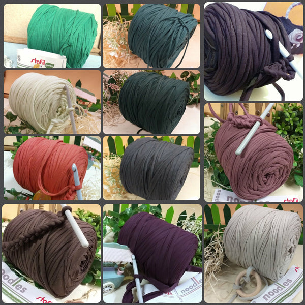 autunnali 11 colori marrone grigio bordò viola verde pino torroncino rosato fettuccia elastica cotone per uncinetto stretch gomitoli uso cestini fiori handmade crochet cucito creativo t-shirt yarn zainetto borse clutch bags pochette Stafil Noodles