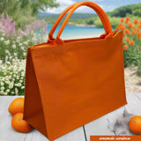 arancio carioca colorata estiva spiaggia mare piscina juta borsa quadrata 30 x 30 cm manici tessuto yuta da decorare rivestire uncinetto tecnica applicazioni personalizzare dipingere colorare ricamare fiori bianchi rosa arancioni conchiglie appliquè pizzo nappine pompons
