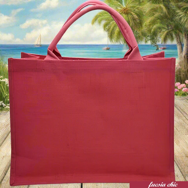 fuxia colorata estiva spiaggia mare piscina juta borsa quadrata 30 x 30 cm manici tessuto yuta da decorare rivestire uncinetto tecnica applicazioni personalizzare dipingere colorare ricamare fiori bianchi conchiglie appliquè pizzo nappine pompons