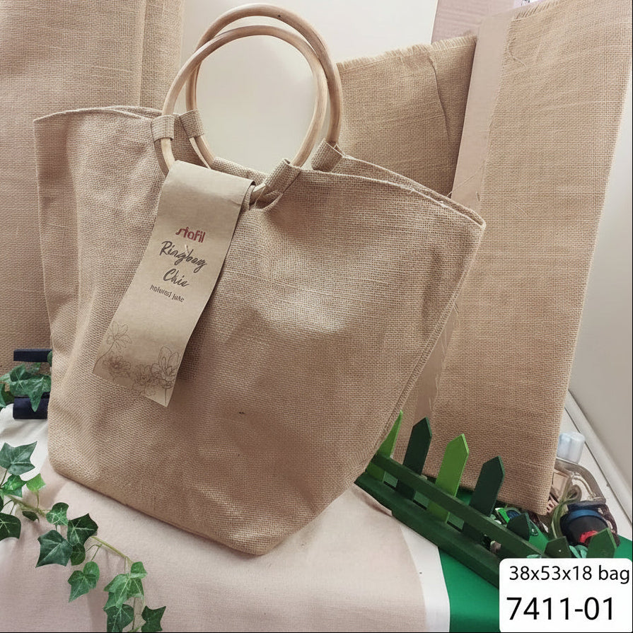 borsa juta da rivestire con manici bambù forma trapezio da decorare con applicazioni scritte nomi corda tubolare tricotin 38 x 53 x 18 cm