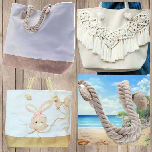 come personalizzare e decorare borsa donna da mare sacca tela bianca base juta naturale manici corda nautica uso borsone piscina estate spiaggia viaggio con cordino nodi macramè o appliquè tessuto
