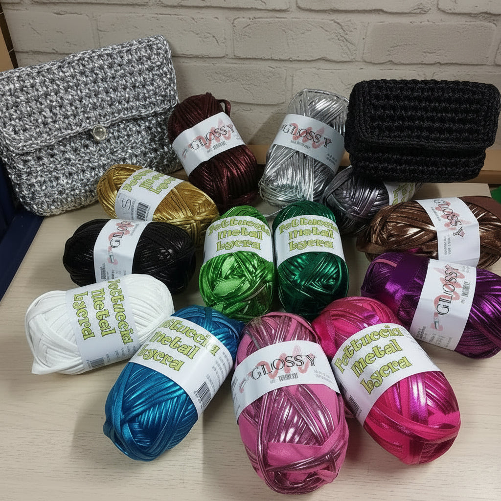 vetrina oro argento marrone e colori turchese rosa fucsia verde bianco perlato glossy cucirini tre stelle fettuccia lamè metallica metallizzata simil-pelle ecopelle verniciata per borse uncinetto clutch bags