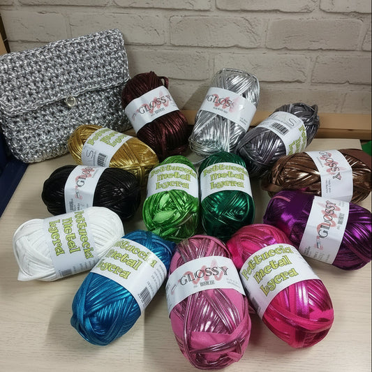 vetrina oro argento marrone e colori turchese rosa fucsia verde bianco perlato glossy cucirini tre stelle fettuccia lamè metallica metallizzata simil-pelle ecopelle verniciata per borse uncinetto clutch bags