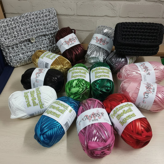 vetrina oro argento e colori turchese rosa fucsia verde bianco perlato glossy cucirini tre stelle fettuccia lamè metallica metallizzata simil-pelle ecopelle verniciata per borse uncinetto clutch bags