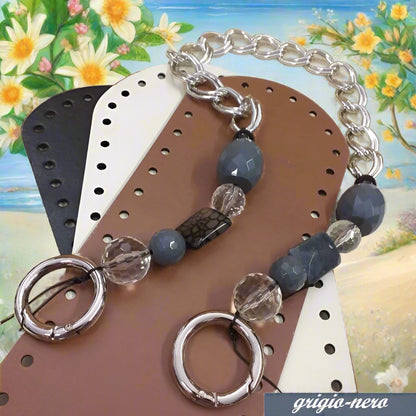 nero grigio maniglia bijoux manici perle vetro pietre catena metallica argento moschettoni anelloni apribili rotondi creare borse artigianali fai da te uncinetto accessori fettuccia corda macramè fondi ecopelle