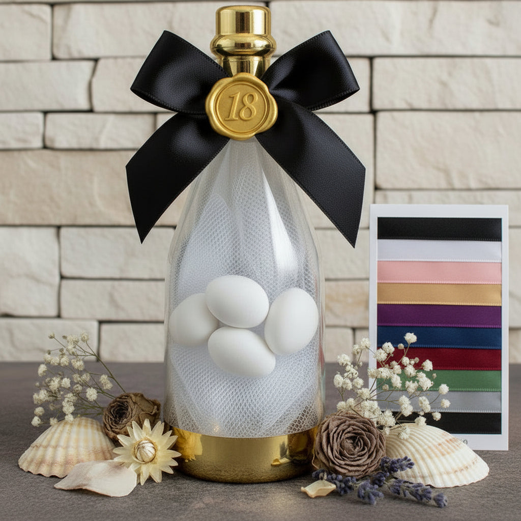 simbolo 18 bottiglia plastica tappo oro  fiocco nero nastro bomboniere diciottesimo compleanno confezionate confetti tulle allestimento fiori secchi