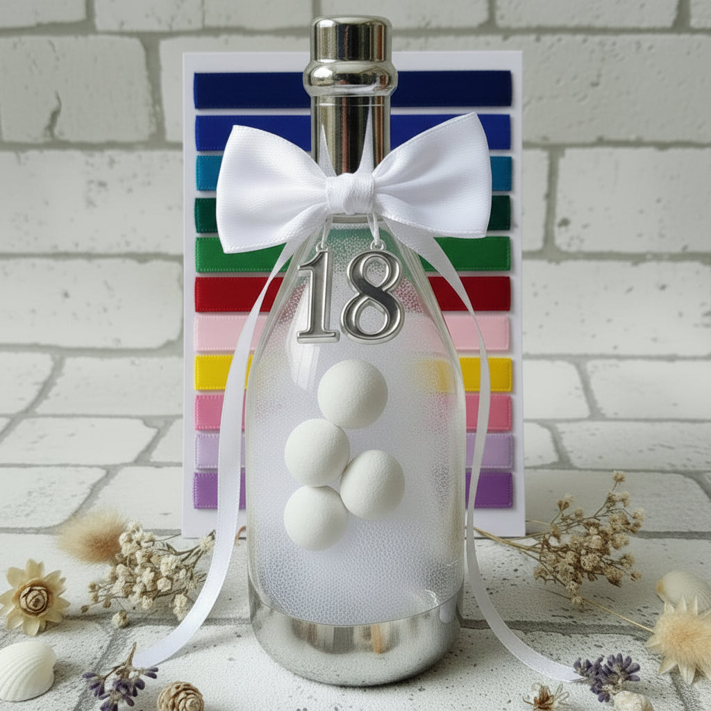 simbolo 18 bottiglie plastica tappo argento fiocco nastro bomboniere diciottesimo compleanno confezionate confetti tulle allestimento fiori secchi