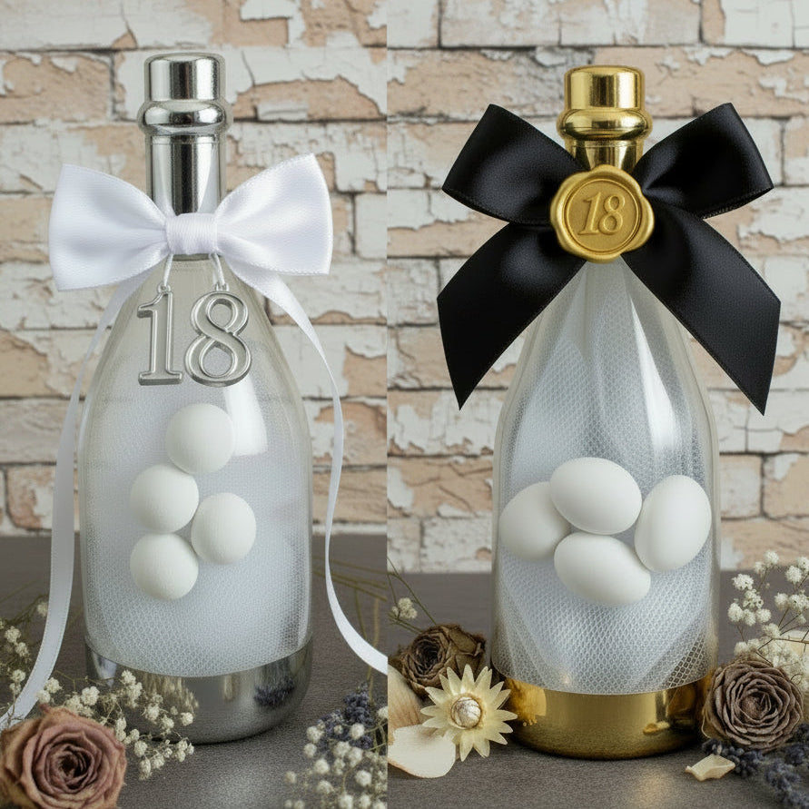 simbolo 18 bottiglie plastica tappo oro argento fiocco nastro bomboniere diciottesimo compleanno confezionate confetti tulle allestimento fiori secchi