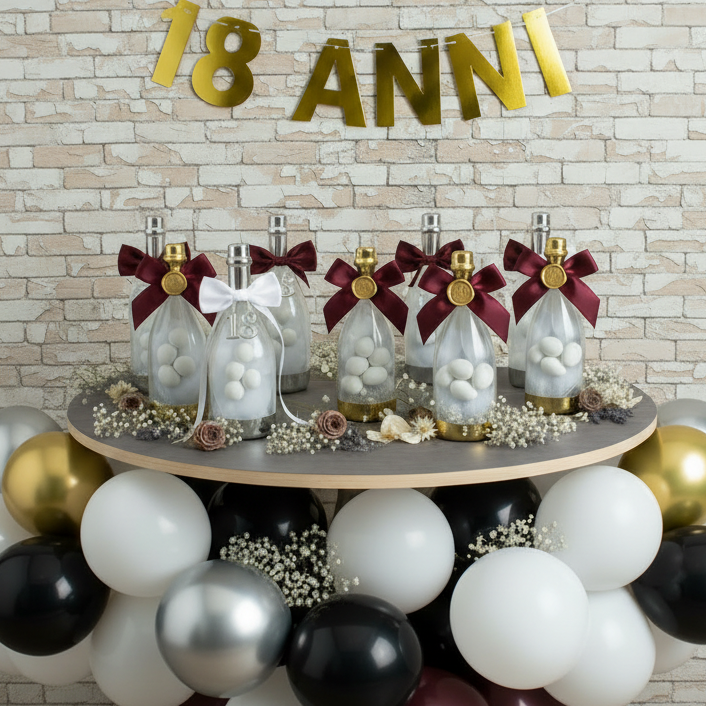 allestimento 18 anni bottiglie plastica tappo oro argento fiocco nastro bianco bordeaux bomboniere diciottesimo compleanno confezionate confetti tulle allestimento fiori secchi palloncini