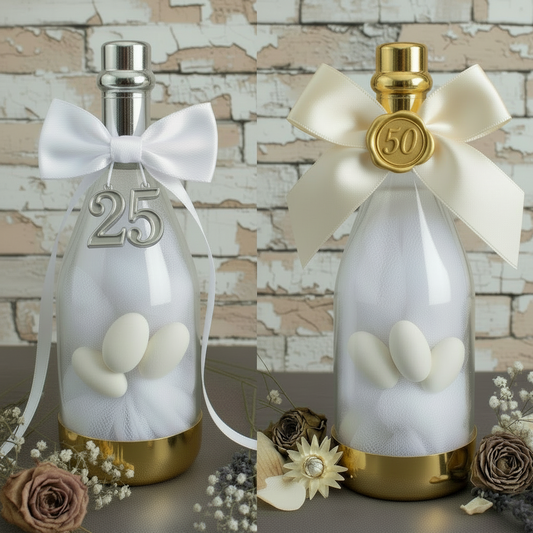 simbolo 25 e 50 bottiglie plastica tappo oro argento fiocco nastro bomboniere nozze oro argento anniversario di matrimonio 25 e 50 anni confezionate confetti tulle allestimento fiori secchi