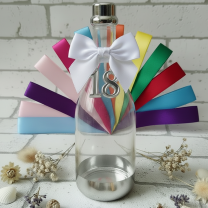 simbolo 18 bottiglia plastica tappo argento fiocco nastro bomboniere diciottesimo compleanno da confezionare fai da te