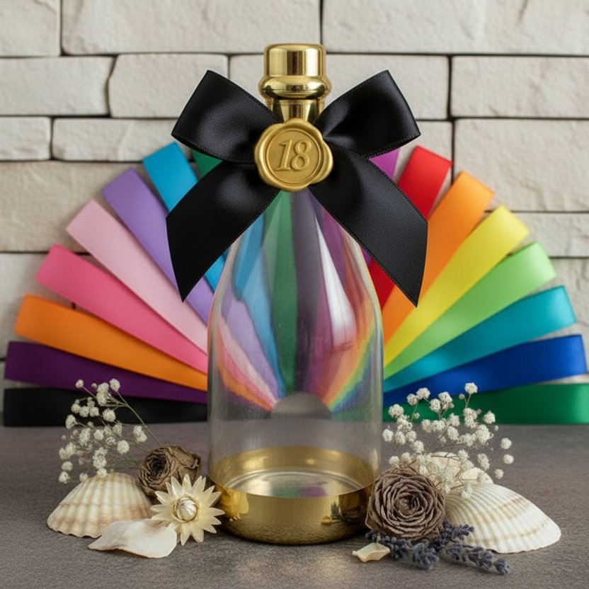 simbolo 18 bottiglie plastica tappo oro  fiocco nastro bomboniere diciottesimo compleanno da confezionare