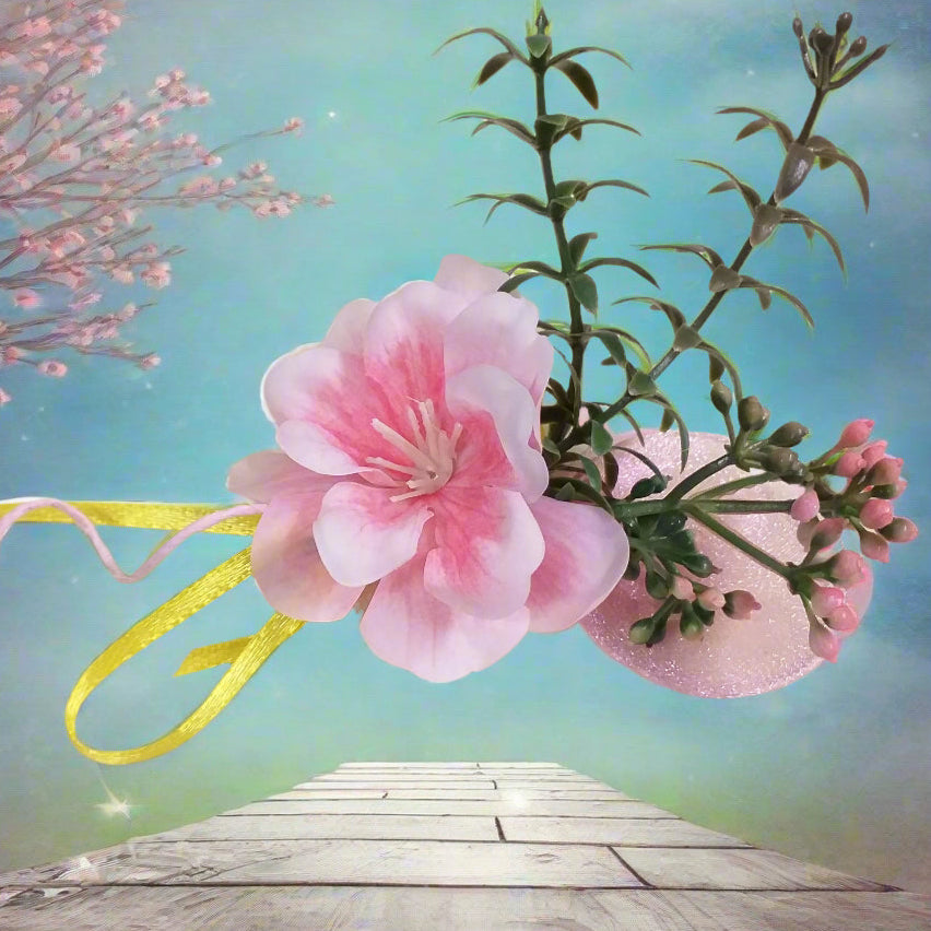 nastrino giallo ulivo e pick mazzolino bouquet piccolo miniatura fiori di pesco finto artificiale di stoffa pistilli foglie uso segnaposto ristorante chiudipacco regalo decorazioni fioristi pasquale