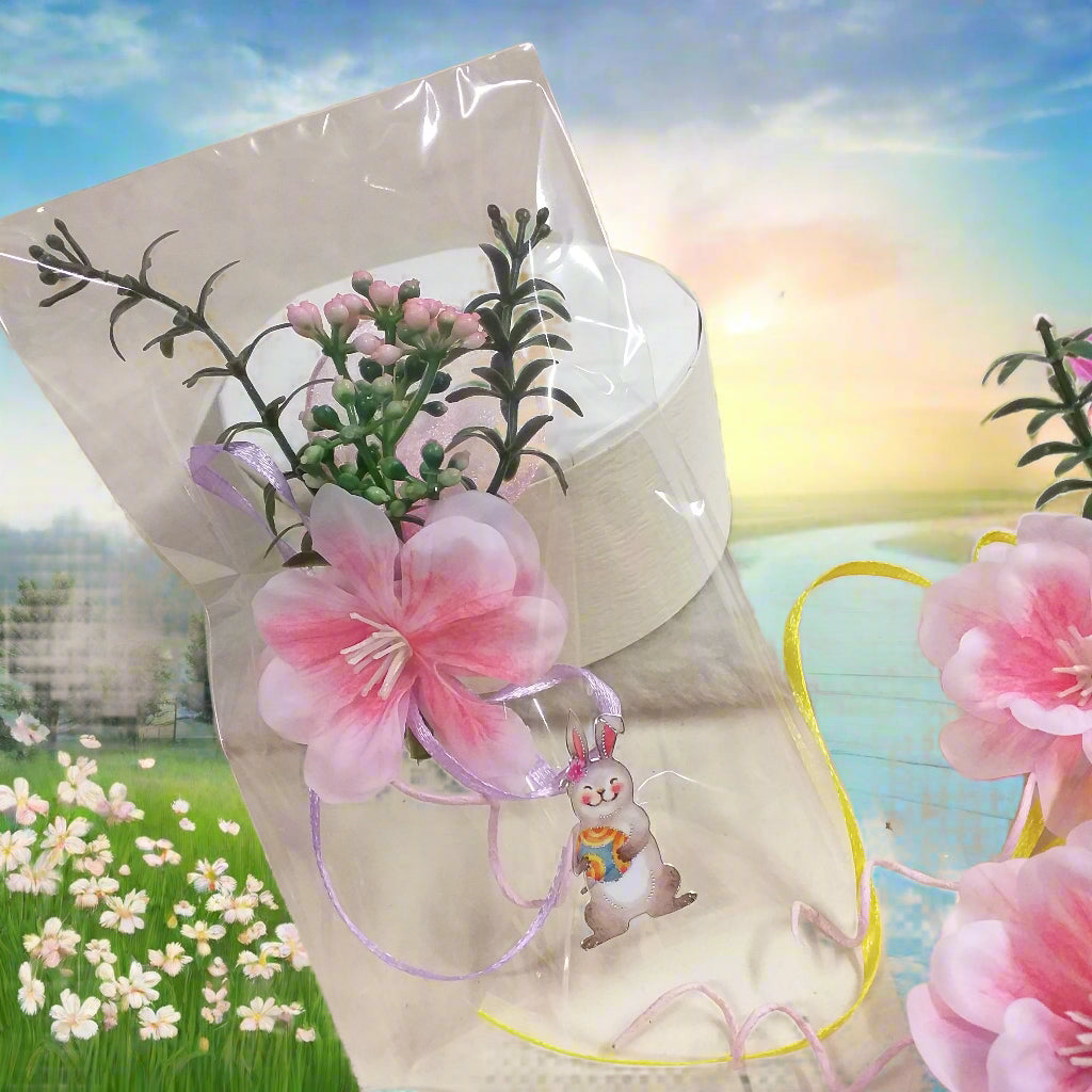 confezionato ulivo e pick mazzolino bouquet piccolo miniatura fiori di pesco finto artificiale di stoffa pistilli foglie uso segnaposto ristorante chiudipacco regalo decorazioni fioristi pasquale