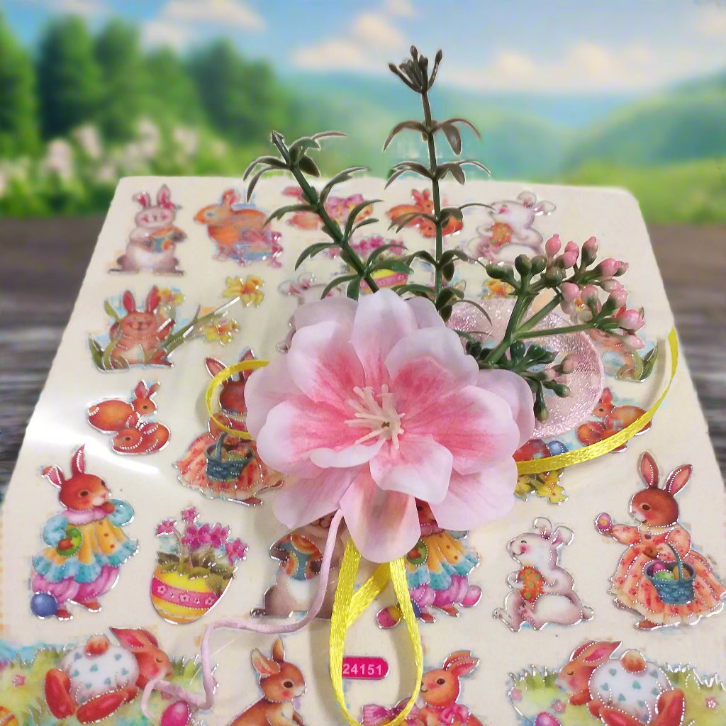 sticker pasquali assortiti pick mazzolino bouquet piccolo miniatura fiori di pesco finto artificiale di stoffa pistilli foglie uso segnaposto ristorante chiudipacco regalo decorazioni fioristi pasquale