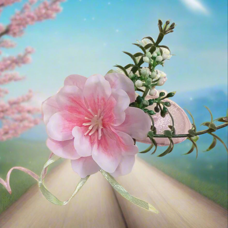 nastrino verde e ulivo pick mazzolino bouquet piccolo miniatura fiori di pesco finto artificiale di stoffa pistilli foglie uso segnaposto ristorante chiudipacco regalo decorazioni fioristi pasquale