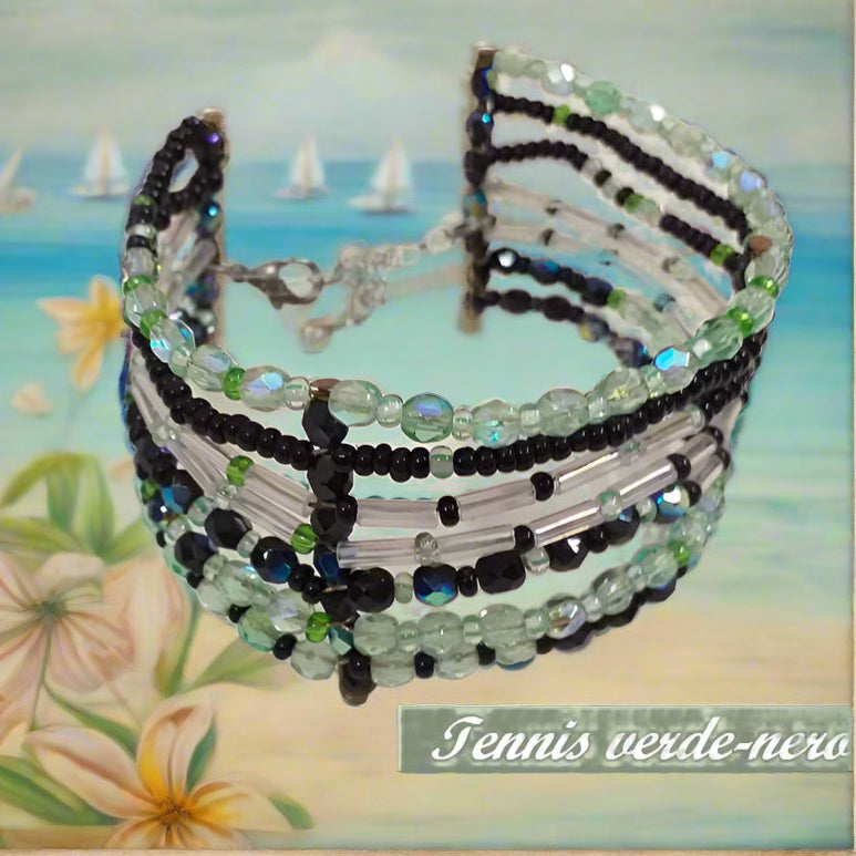 tennis verde-nero  etnico Swarovski braccialetto perline fatto a mano con cristalli pietruzze perle vetro schema bracciali su base di metallo chiusura moschettone
