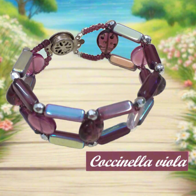 Coccinella viola etnico braccialetto perline fatto a mano con cristalli pietruzze perle vetro schema bracciali su base di metallo chiusura argentata