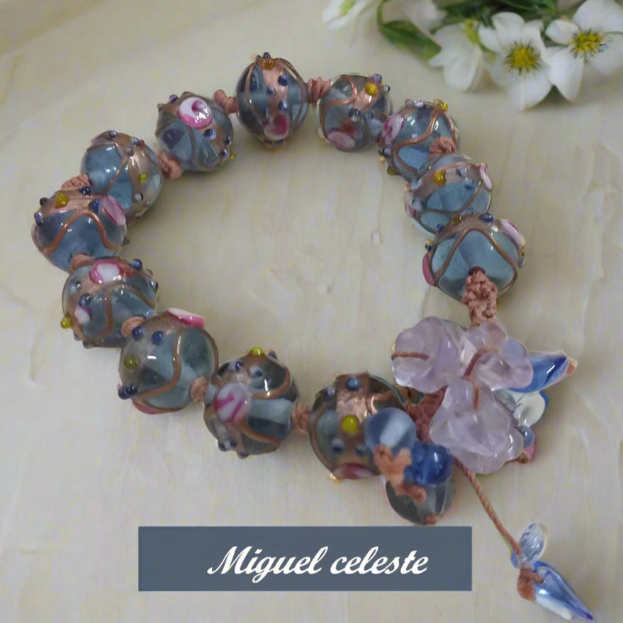 Miguel celeste  etnico fiori braccialetto stile murano venezia perline fatto a mano con cristalli pietruzze perle vetro schema bracciali di cordino