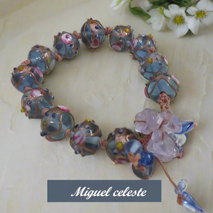 Miguel celeste  etnico fiori braccialetto stile murano venezia perline fatto a mano con cristalli pietruzze perle vetro schema bracciali di cordino