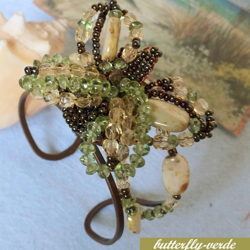 bronzo marrone verde topazio braccialetti perline fatti a mano con perle schema farfalla su base di metallo regolabile al polso