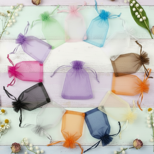 sacchettini organza colori da confezionare con confetti riso fiori secchi profumati lavanda cioccolatini caramelle profumatori biancheria, sacchetti colorati con tirante per fai da te bomboniere