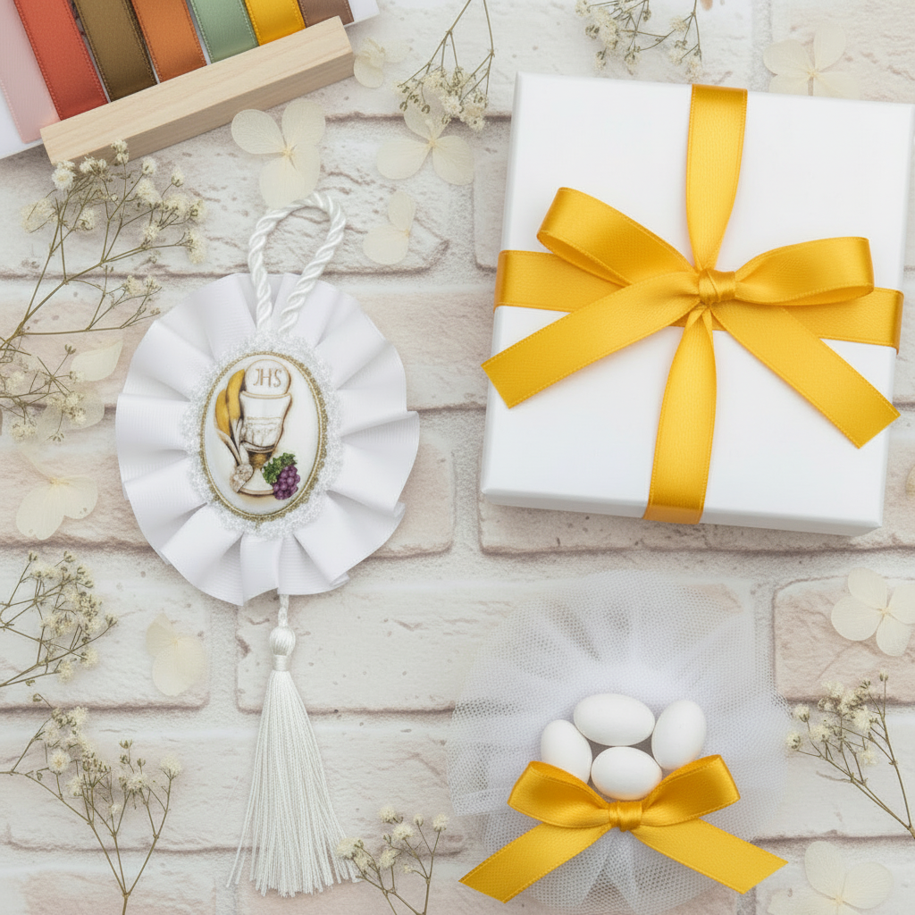 come confezioniamo bomboniera comunione cresima calice coccarda icona bianca nappina cordoncino con scatola bianca nastro giallo pompon sacchettino tulle 5 confetti e fiocchetto campionario nastrini a scelta