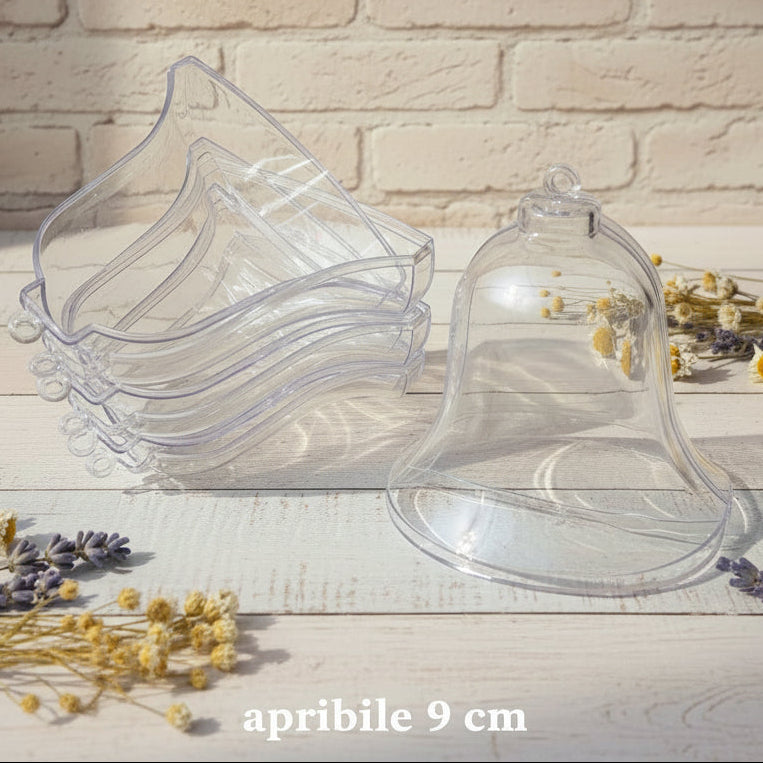 campanella plastica 9 cm apribile divisibile in 2 metà trasparente batacchio sonaglio plexiglass uso decorazioni pasquali uova cioccolato packaging confezioni regalo e vetrine enogastronomia