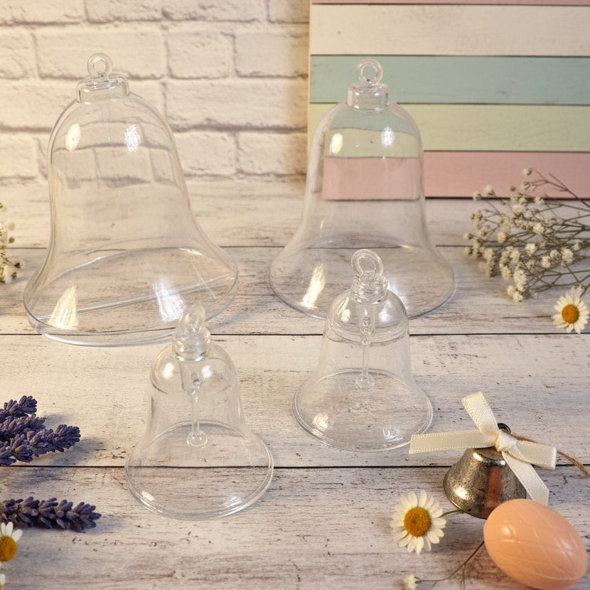 campanella plastica varie misure trasparente batacchio sonaglio plexiglass anche apribile divisibile in 2 metà uso decorazioni pasquali uova cioccolato packaging confezioni regalo e vetrine enogastronomia