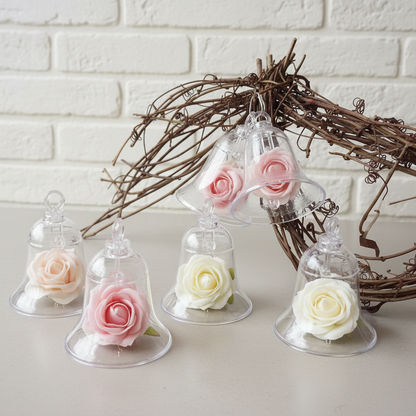 idea fai da te campane pasquali plexiglass segnaposto con rosa bianca pesca plastica aperte con batacchio