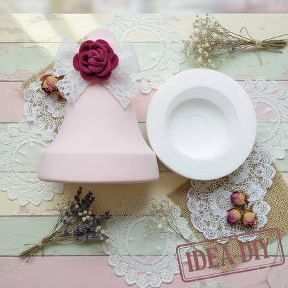 idea diy rivestire campana grande polistirolo con tubolare rosa fiocco pizzo e fiore uncinetto