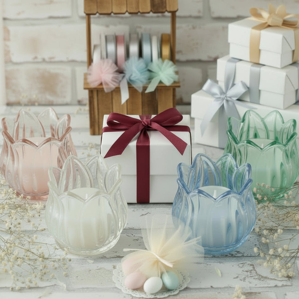 vetrina packaging bianco avorio crema bordò colori candela vasetto vetro colorato forma fiori bocciolo rose decorativa cero lumino bomboniera matrimonio comunione cresima anniversario nozze 25 e 50 anni 18° compleanno laurea confezionata confetti bigliettino nastro coccarda scatola