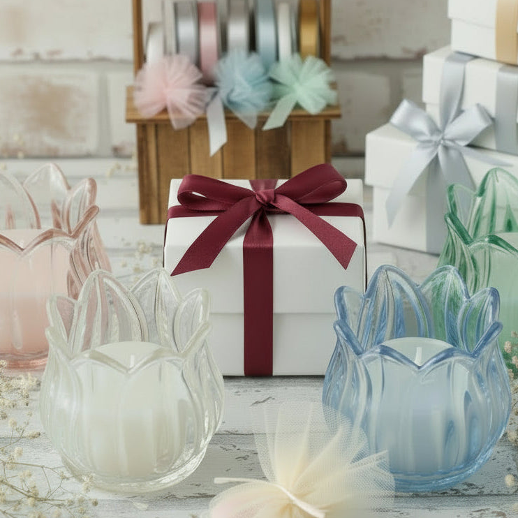 pesca e packaging bianco avorio crema bordò colori candela vasetto vetro colorato forma fiori bocciolo rose decorativa cero lumino bomboniera matrimonio comunione cresima anniversario nozze 25 e 50 anni 18° compleanno laurea confezionata confetti bigliettino nastro coccarda scatola