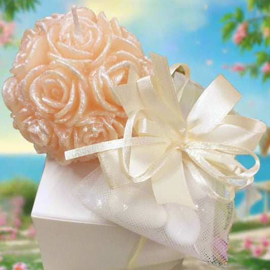 pesca e packaging bianco avorio crema candela sfera rose decorativa cero lumino bomboniera matrimonio comunione cresima anniversario nozze 25 e 50 anni 18° compleanno laurea confezionata confetti bigliettino nastro coccarda