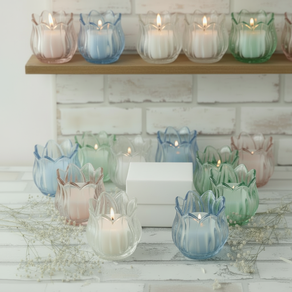 packaging astuccio e colori candela vasetto vetro colorato forma fiori bocciolo rose decorativa cero lumino bomboniera matrimonio comunione cresima anniversario nozze 25 e 50 anni 18° compleanno laurea da confezionare fai da te