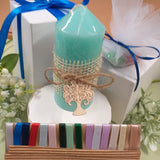 candela profumata menta colore tiffani-pastello confezionata bomboniera confetti scatola bianca nastro blu packaging green rustico naturale juta corda albero della vita legno