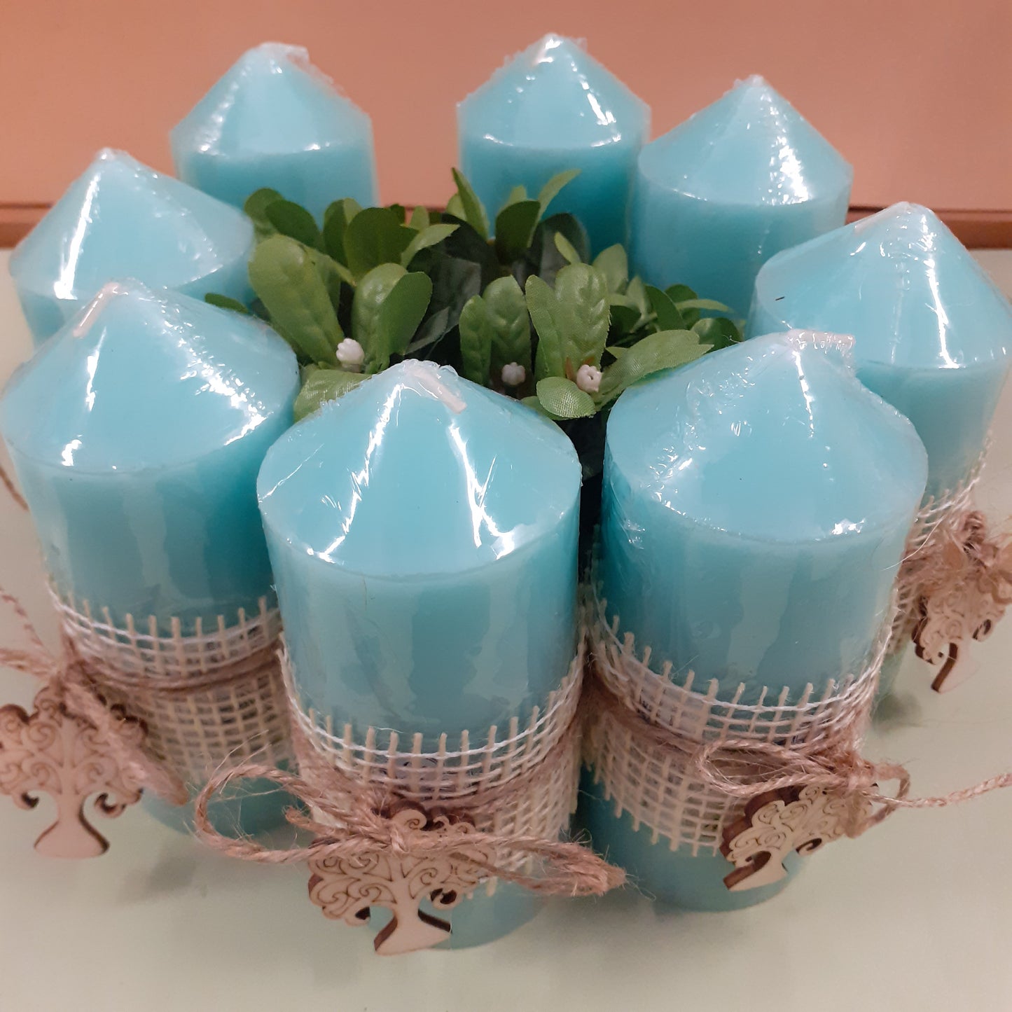 vetrina profumatori casa candele profumate menta colore tiffani-pastello confezionate bomboniere packaging green rustico naturale juta corda albero della vita legno