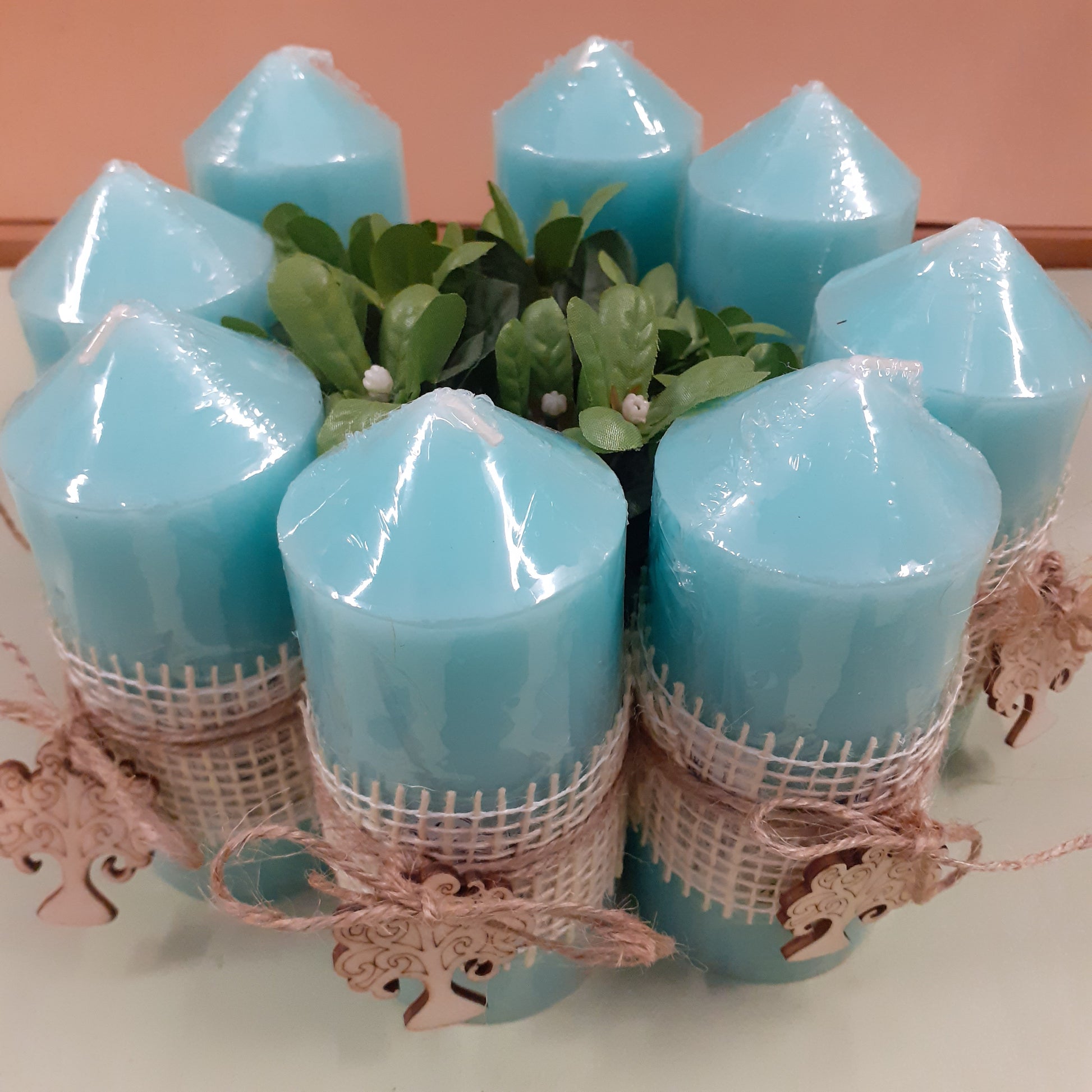 vetrina profumatori casa candele profumate menta colore tiffani-pastello confezionate bomboniere packaging green rustico naturale juta corda albero della vita legno