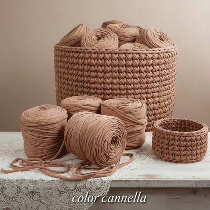 color cannella eco cotone lycra  fettuccia wiggly cucirini tre stelle per borse uncinetto cestini portavaso pochette clutch bags sacche zainetti amigurumi lavori crochet filato yarn garne t-shirt colorato moda fashion abbigliamento 