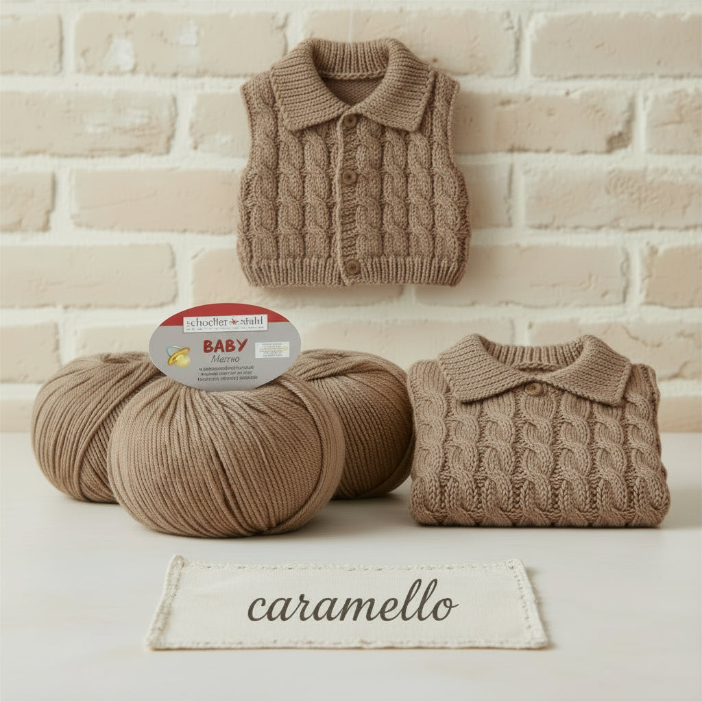 caramello nocciola Schoeller-Stahl lana merino neonato bebè baby ideale filato per copertina cappello cuffia berretto scarpine golfino scamiciato gilet tutina