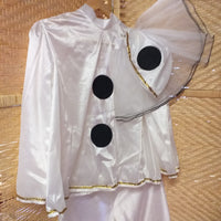 primo piano vestito di raso davanti retro pantaloni giacca costume di Carnevale bambini abito Pierrot bianco pois