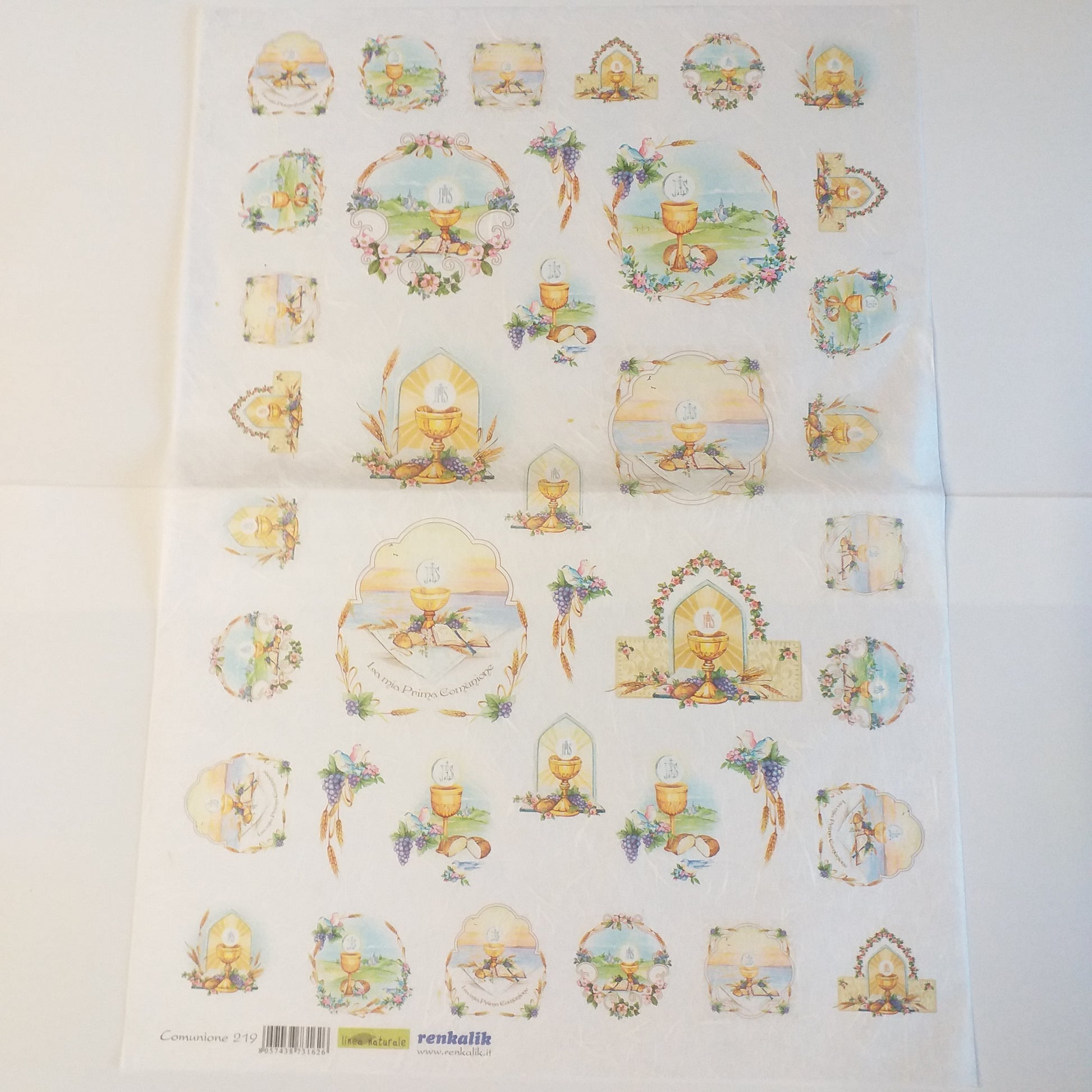 foglio intero carta di riso Silkprint paper Renkalik 35 x 50 cm linea naturale Prima Comunione 219 uso decoupage bomboniere fai da te motivi religiosi sacri simboli cerimonia spighe pane Calice uva Vangelo