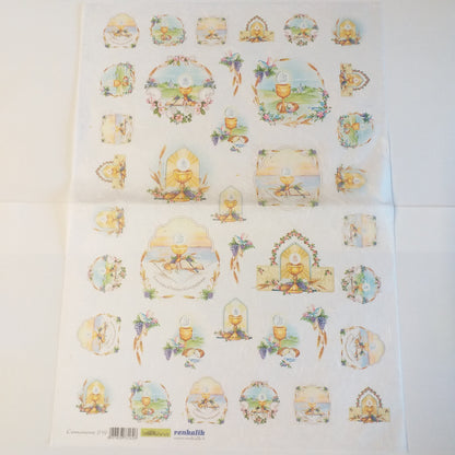 foglio intero carta di riso Silkprint paper Renkalik 35 x 50 cm linea naturale Prima Comunione 219 uso decoupage bomboniere fai da te motivi religiosi sacri simboli cerimonia spighe pane Calice uva Vangelo